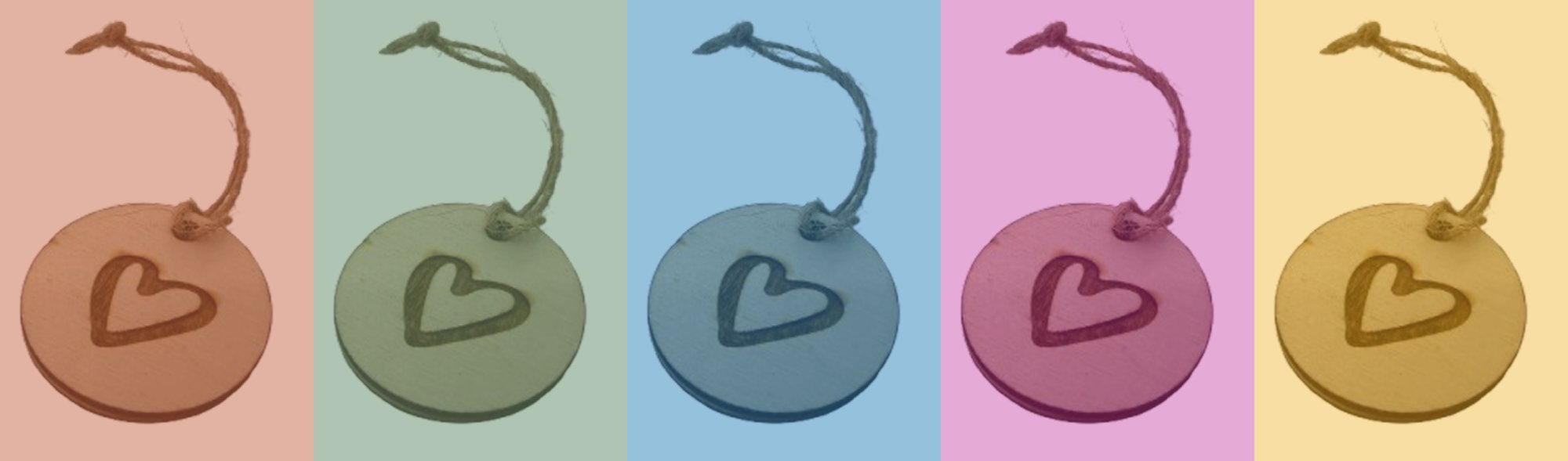 One LoveTag shown five times, each copy given a different color wash matching one of the five tones